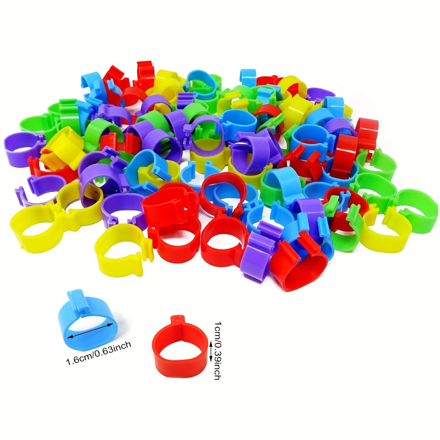 Pack of 100 colorful numbered chicken leg bands for various poultry species - 16mm clip-on ankle rings made of plastic for identification and selection purposes.