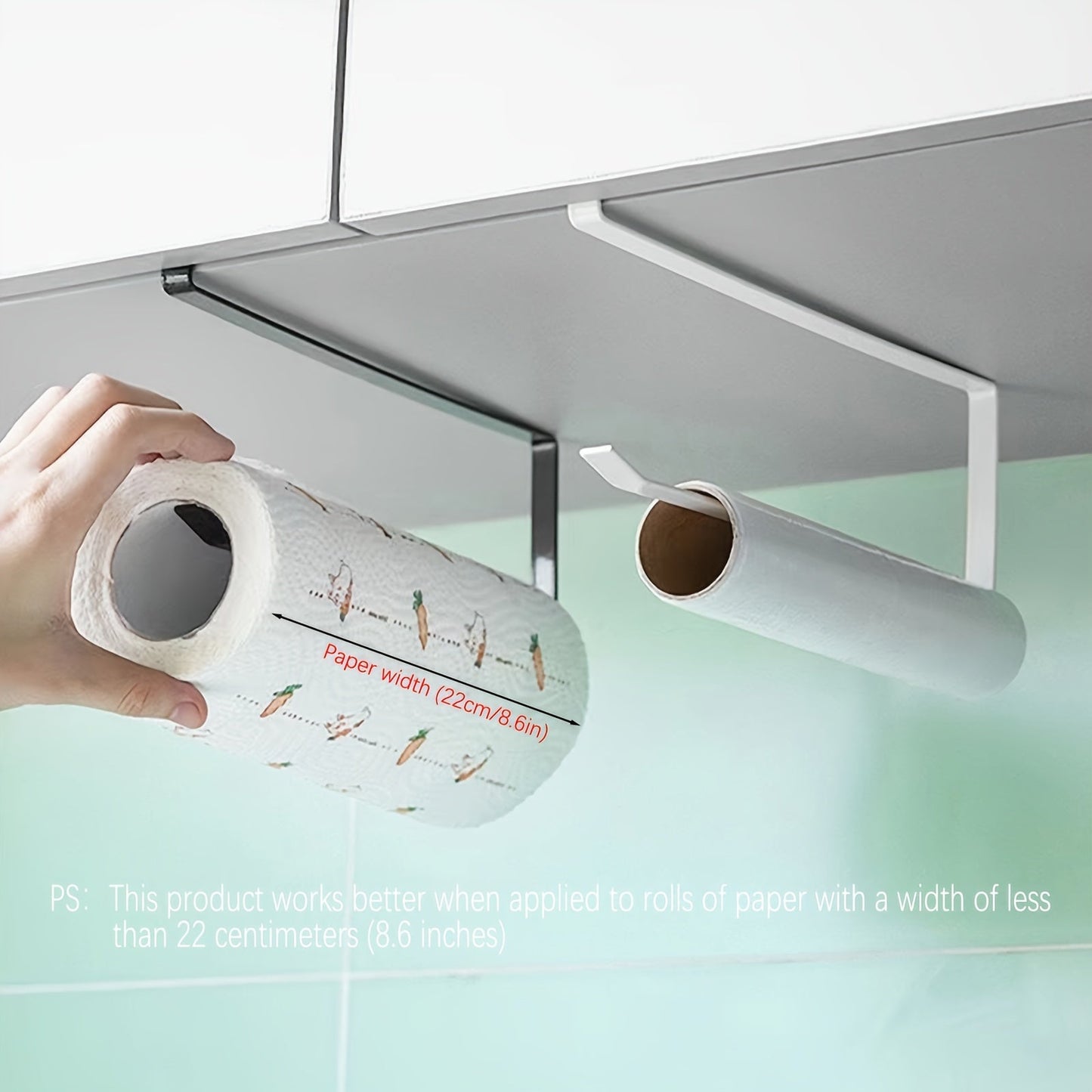 Easy to install under-cabinet paper towel holder, made of space-saving metal rack for kitchen use. Ideal for holding dishcloths and oil-absorbing sheets, no drilling necessary. Sleek metal design with iron construction, perfect for organizing kitchen