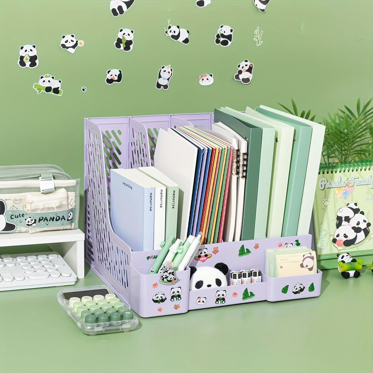 Desktop file organizer with panda theme, 4 slots and detachable tiered shelves for office storage. Made of PP material.