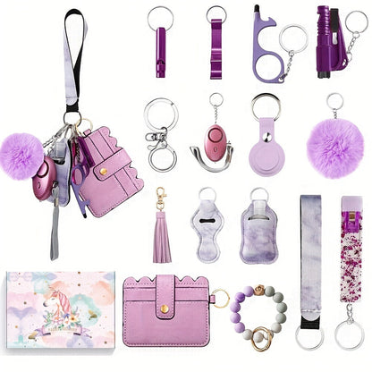 The Women's Stylish Safety Keychain Set includes 17 pieces, featuring a personal alarm key chain, PU leather card bag, and various keychain accessories. This set is a perfect holiday gift for women.