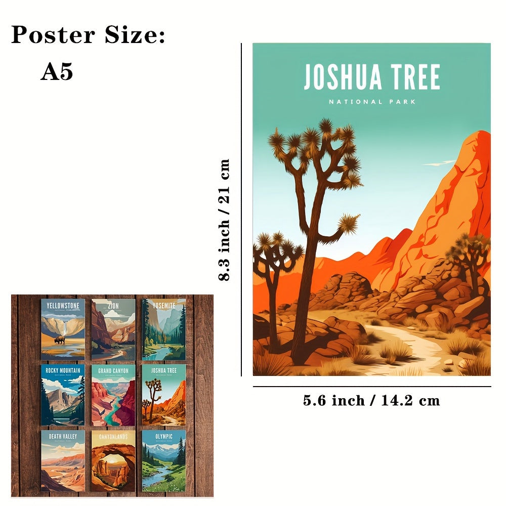 Set of 9 Large Size Modern Art Design Illustration Style Posters featuring Famous National Parks Landscapes. Frames not included. Perfect Gifts for Room Decor, Living Room, and Bedroom. Available in A3, A4, and A5 sizes.