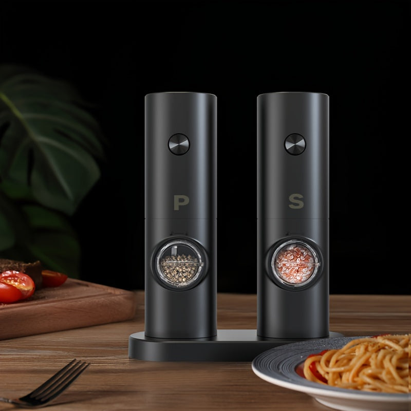 Get your hands on the convenient 2PC Electric Salt And Pepper Grinder Set with a storage base. This battery-powered set features automatic grinding with LED light, adjustable coarseness, and a one-hand one-button start. Made with high-quality ABS