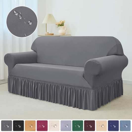 Elastic waterproof sofa slipcover with skirt for all seasons, ideal furniture protection for home and office.