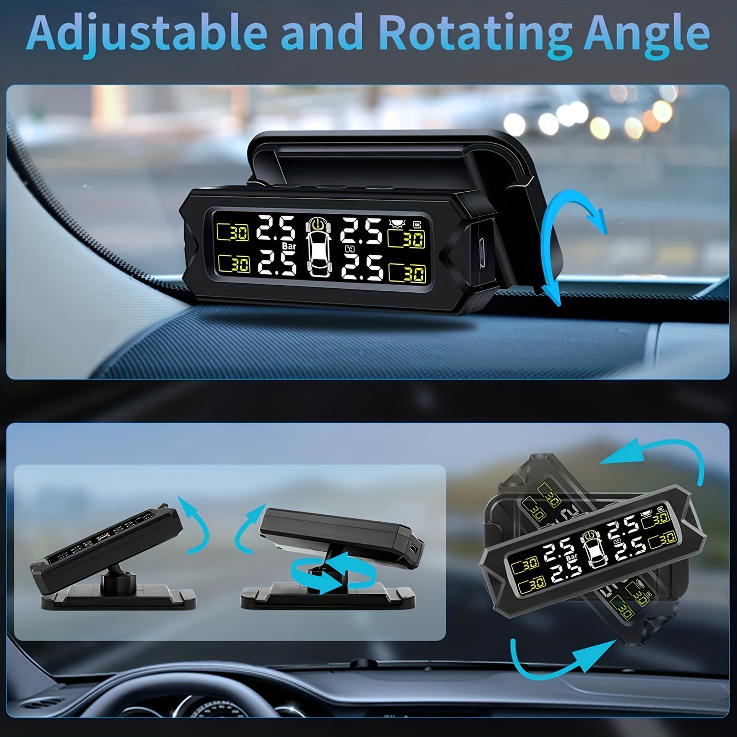 Solar-powered TPMS for accurate monitoring of wheel gas pressure, easily installed on vehicle glass.