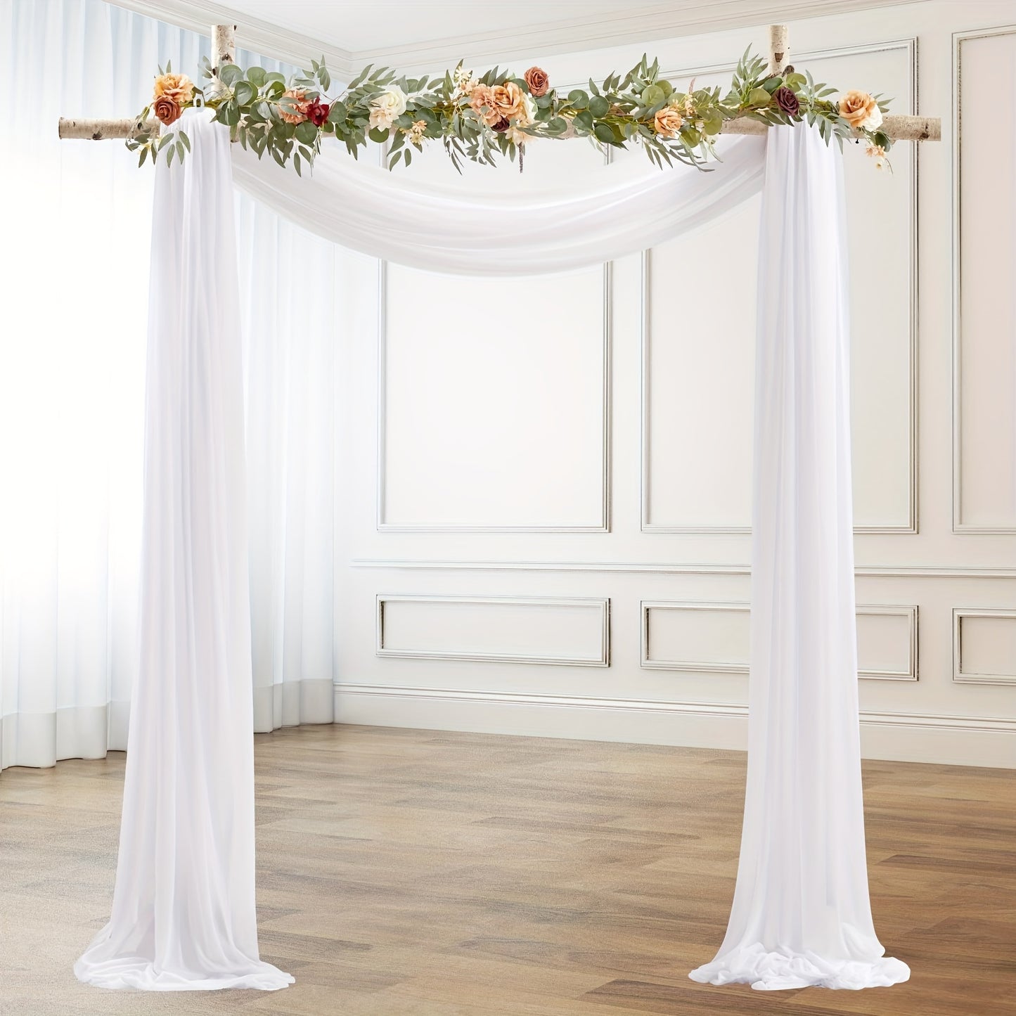 Polyester sheer fabric draping panel for wedding arch, backdrop curtain voile drapery for woodland ceremony, party decor, outdoor reception table runner.