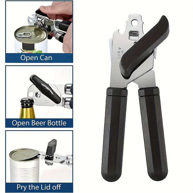 3-in-1 Can Opener made of durable Stainless Steel, featuring a multifunctional design for opening cans and bottles with ease. Boasting a powerful grip and ergonomic design, this tool is perfect for use during Christmas, Halloween, Easter, Hanukkah