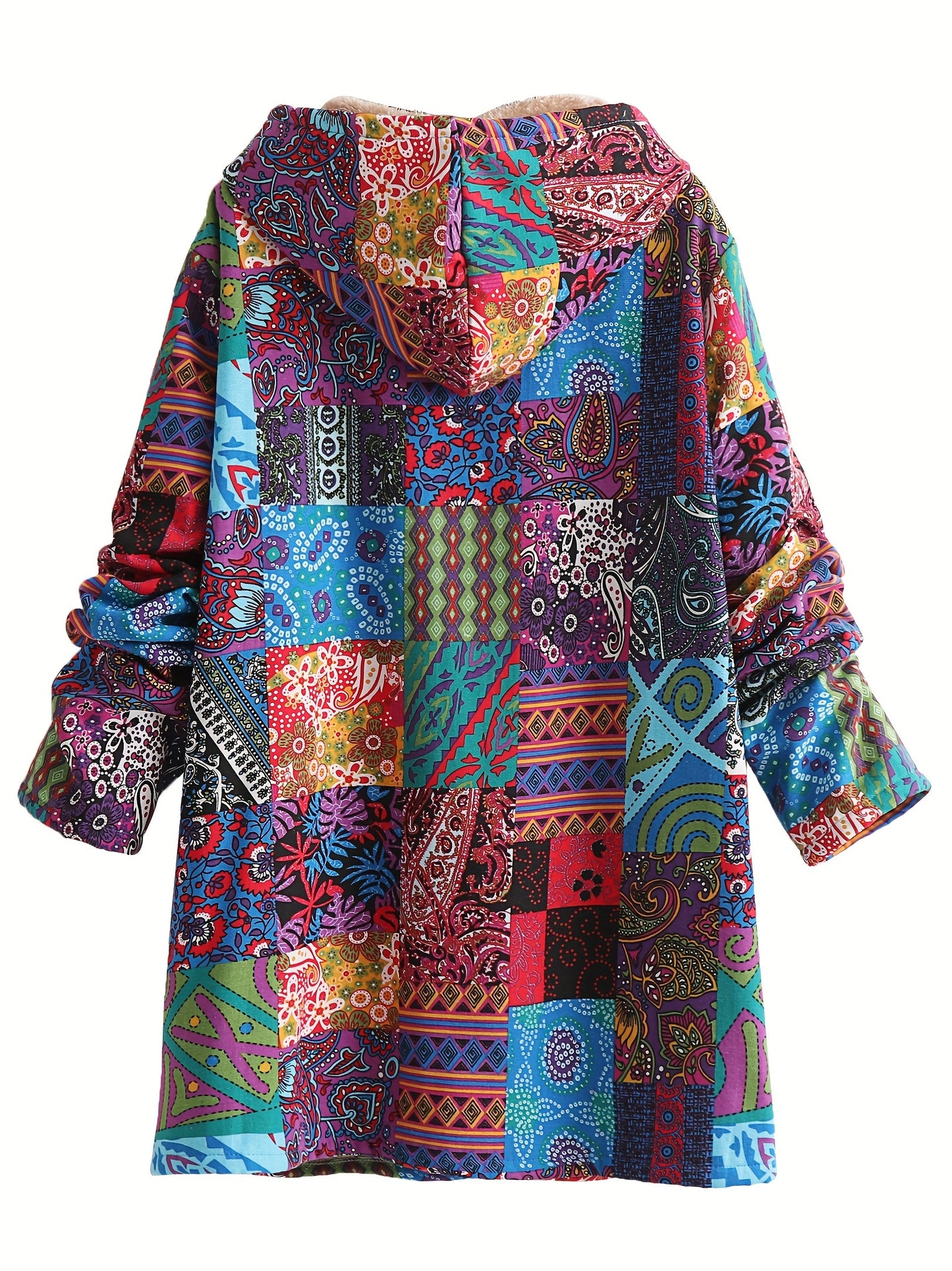 Fleece-lined hooded coat with colorful paisley & floral print, button front, long sleeve for women, machine washable.