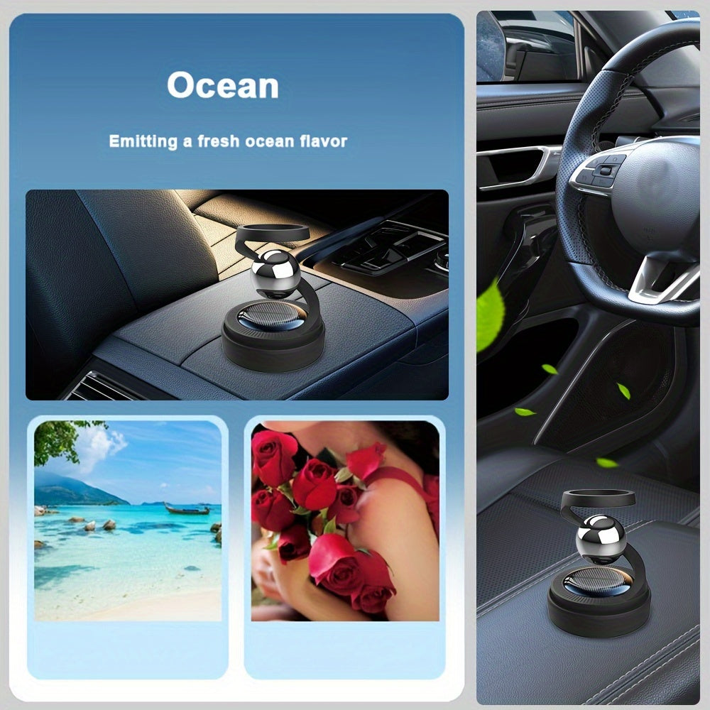 Solar-powered car aromatherapy diffuser rotates, creates long-lasting fragrance, and is compatible with various aromatherapy products.