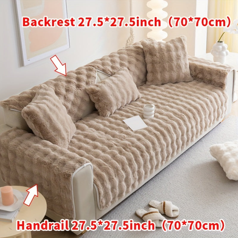 Imitation rabbit plush sofa cover for winter warmth, non-slip protection for furniture in home or office.