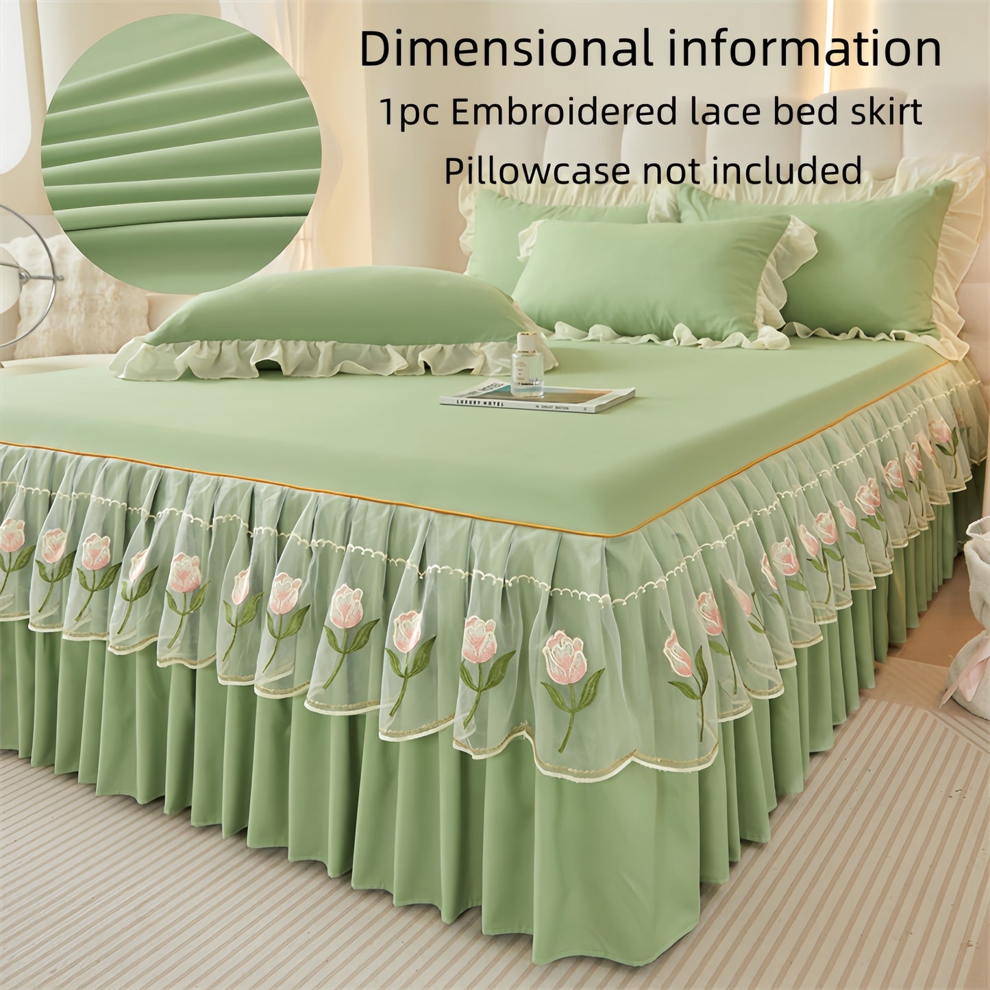 Luxury bed skirt with lace trim and rose embroidery, machine washable, soft fabric, non-slip ribbon fixation, suitable for various rooms. Made of 100% polyester.