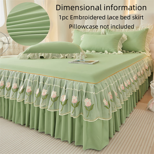 Luxury bed skirt with lace trim and rose embroidery, machine washable, soft fabric, non-slip ribbon fixation, suitable for various rooms. Made of 100% polyester.