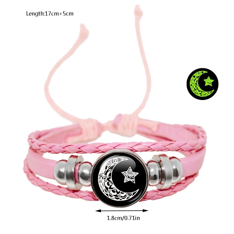 Set of 2 glow-in-the-dark Sun and Moon charm bracelets made of faux leather rope, perfect for couples, men, and women. Ideal gift for girlfriend or party.