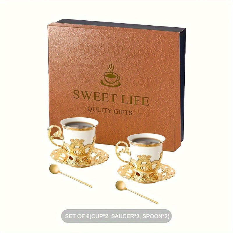 Golden 2.8oz Ceramic Tea Set with Gift Box, including Sakura Train Set, Turkish Arabic Coffee Cups, Espresso Cups with Saucer Plates and Spoons.