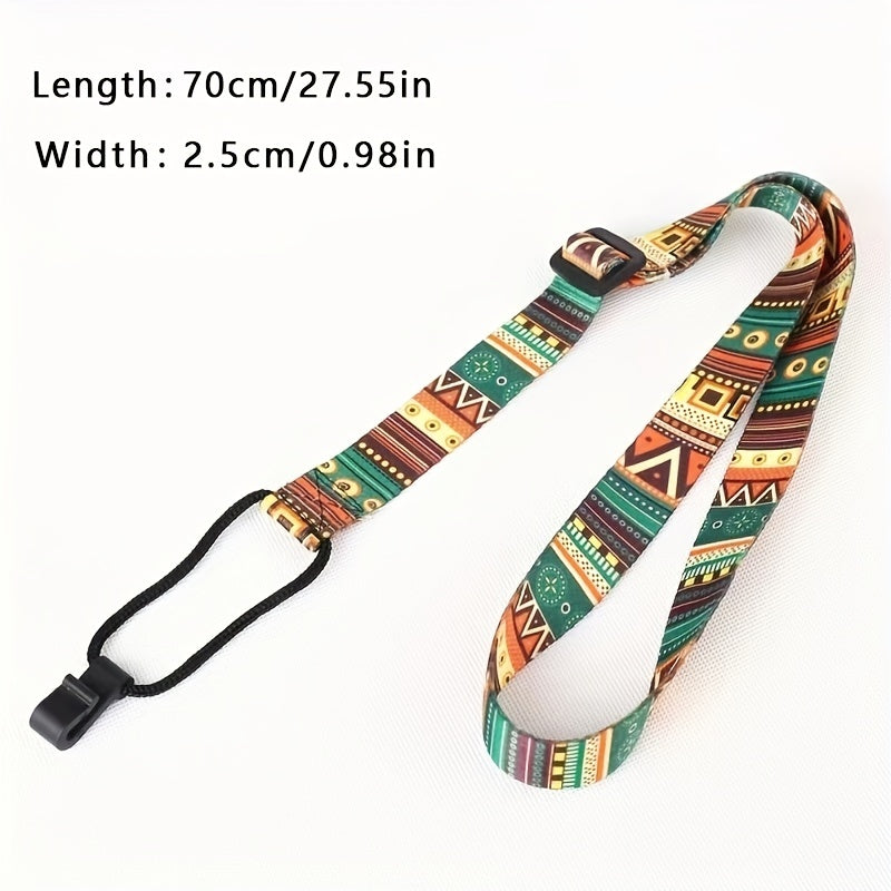 Colorful Hawaiian-inspired ukulele strap with geometric patterns, vibrant mixed colors, and a 4-string guitar hook backdrop.