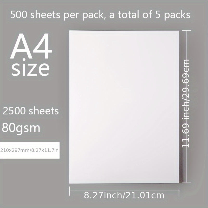 2500 sheets of 80g A4 printing paper for office and home use, white color, 210x279mm.