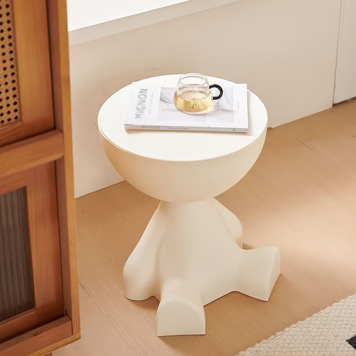 Modern bear-shaped plastic nightstand in white, easy assembly for living room and bedroom storage.