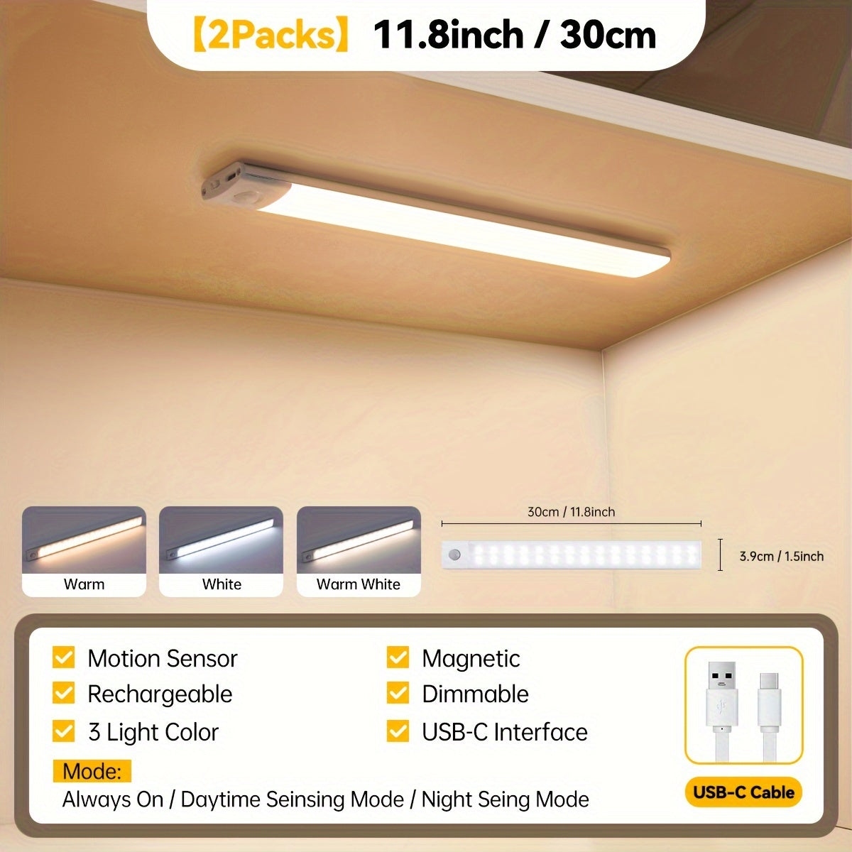 Motion-Activated LED Cabinet Light with USB Rechargeable, Metal Construction and Infrared Sensor for Easy Installation in Any Room.