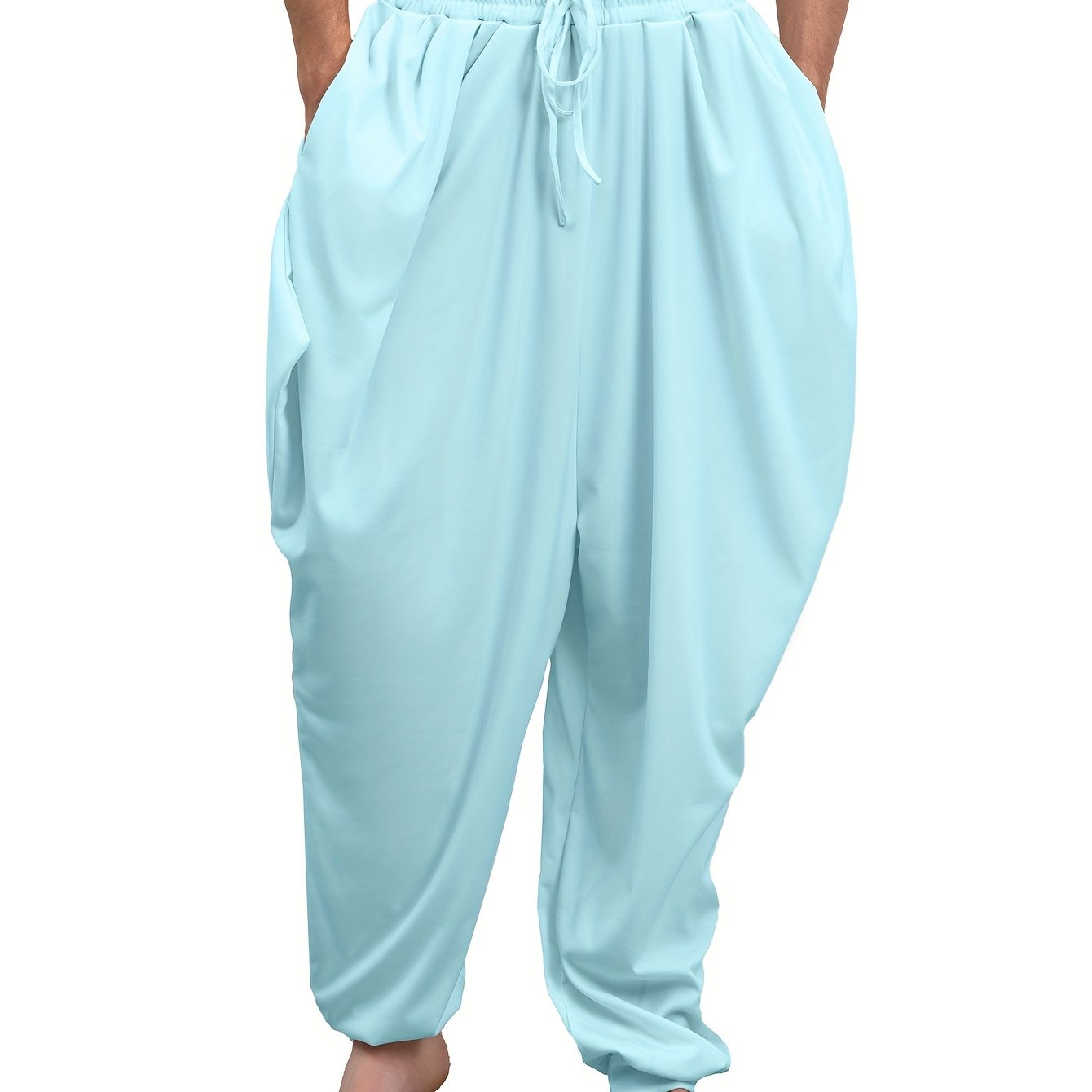 Adult harem pants in 100% polyester knit fabric, medium stretch, solid color, loose fit with drawstring, suitable for all-season weekend wear, available in plus size.