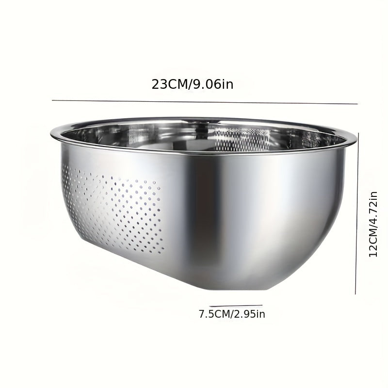 A durable stainless steel colander with fine mesh for straining, featuring a slant bottom draining bowl perfect for washing rice, vegetables, fruits, beans, and pasta. This kitchen colander is designed for quick draining with food-safe materials.