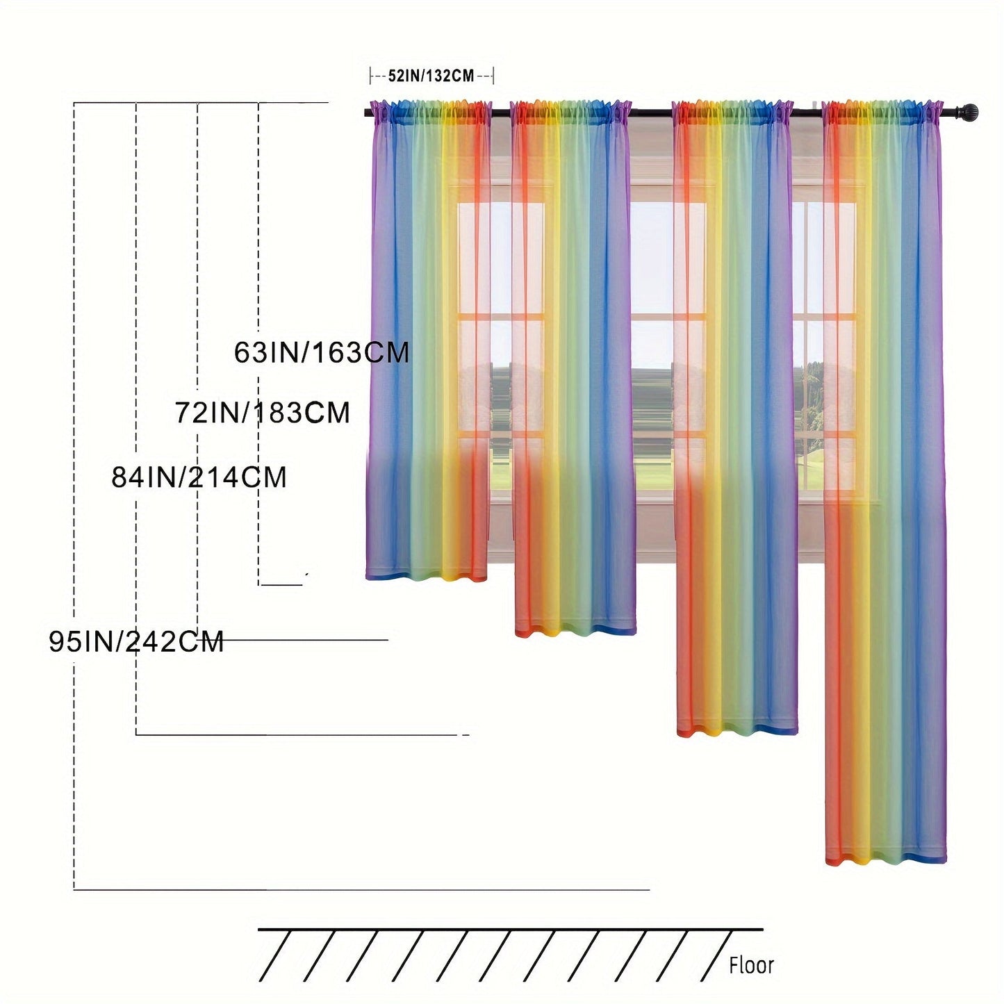 Set of 2 Modern Rainbow Stripe Sheer Curtains made of 100% Polyester, with Rod Pocket design for easy hanging in Living Room, Bedroom, or Office. These Decorative Unlined Panels can be Hand Washed and are suitable for all seasons. Enjoy the Transparent