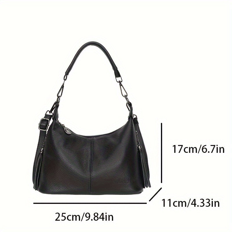 Women's genuine leather shoulder bag with large capacity, adjustable strap, zipper closure, casual style in black or blue. Ideal for daily commute, shopping, and travel gifts.