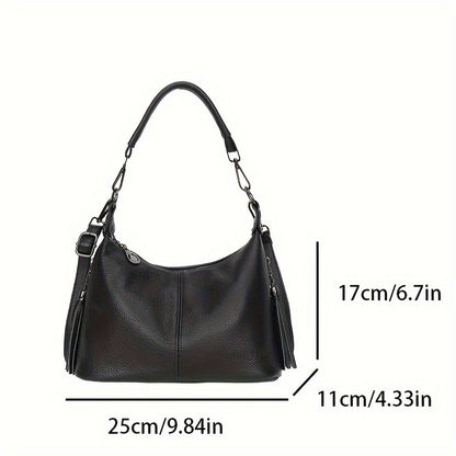 Women's genuine leather shoulder bag with large capacity, adjustable strap, zipper closure, casual style in black or blue. Ideal for daily commute, shopping, and travel gifts.