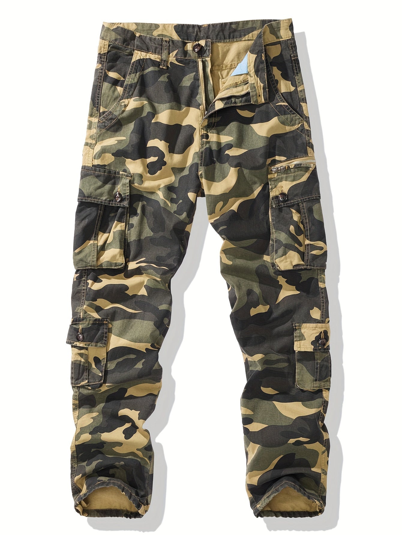 Men's trendy camouflage cargo pants in cotton with a multi-pocket utility design, non-stretch fabric for fall, and plus size options. Ideal for casual streetwear with a smooth texture.