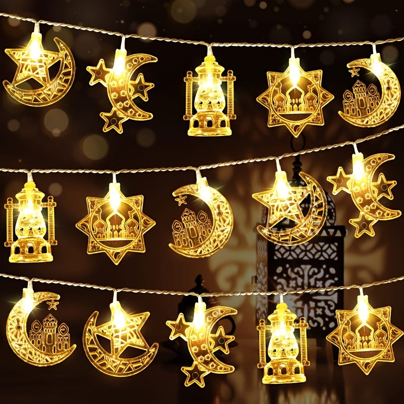 Battery-powered LED string lights with a golden Islamic-themed design featuring stars and moons, perfect for Ramadan, Diwali, and holiday décor. Made of plastic, switch-controlled, and