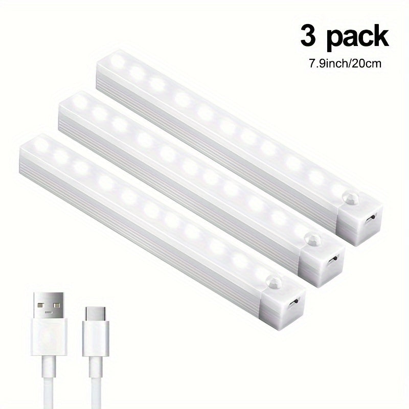 3-Pack of 7.9 inch LED Motion Sensor Cabinet Lights, USB Rechargeable, Wireless Undercounter Lighting for Home Decoration in Corridors, Kitchens, Stairs, and Wardrobes