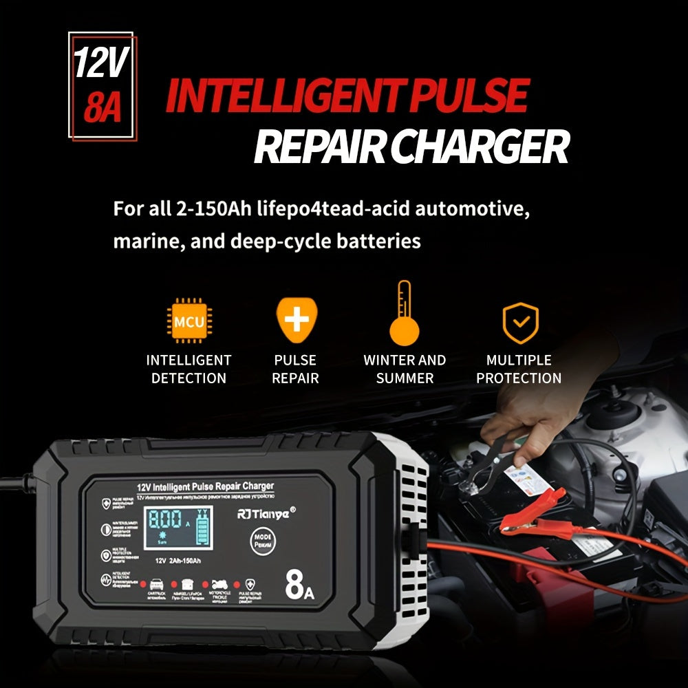 12V 8A Smart Pulse Repair Charger with LCD Display for Vehicles - Intelligent Battery Maintainer for Various Battery Types - Automatic Mode, Overheat & Overcharge Protection, Stylish Red &