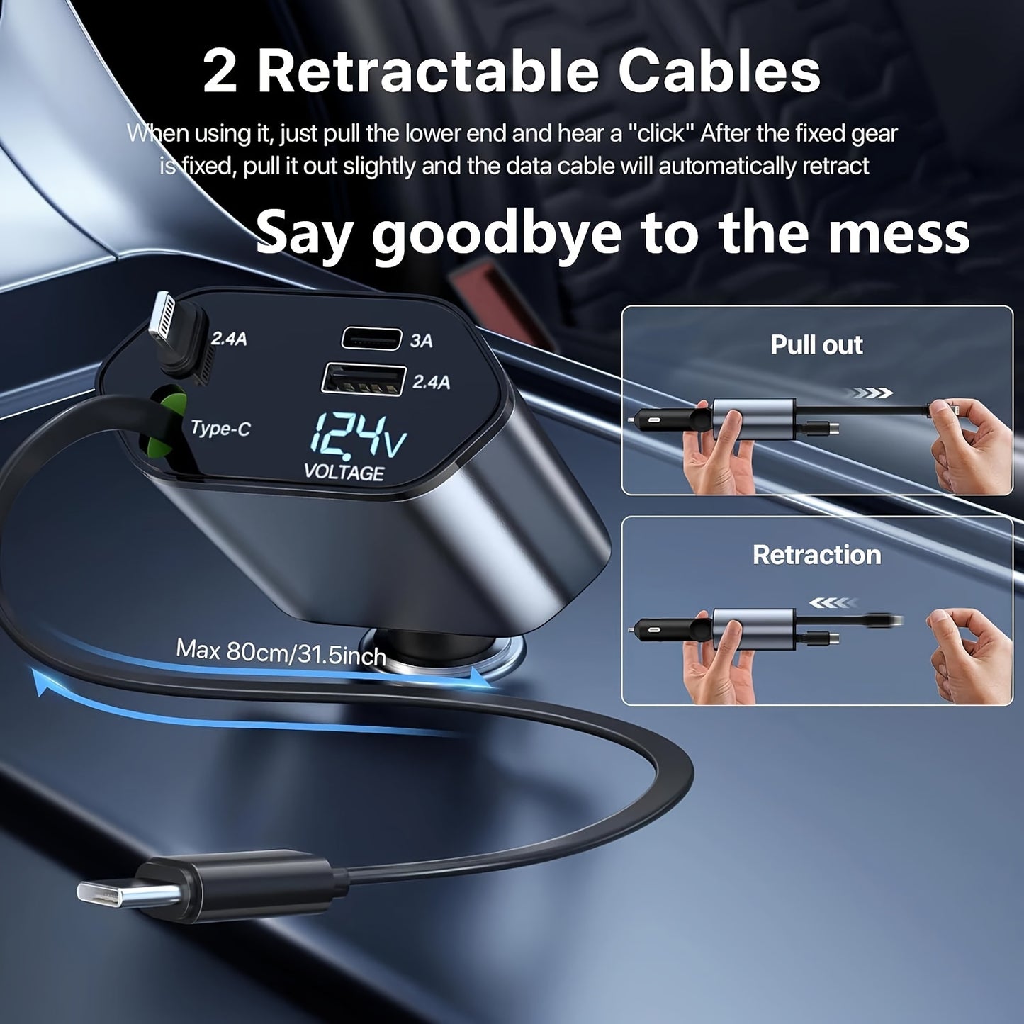 Fast car charger with 4-in-1 capability, extendable cable, USB and Type-C ports. Compatible with most phone models. Features adjustable plug and tangle-free design, ideal for dashboard