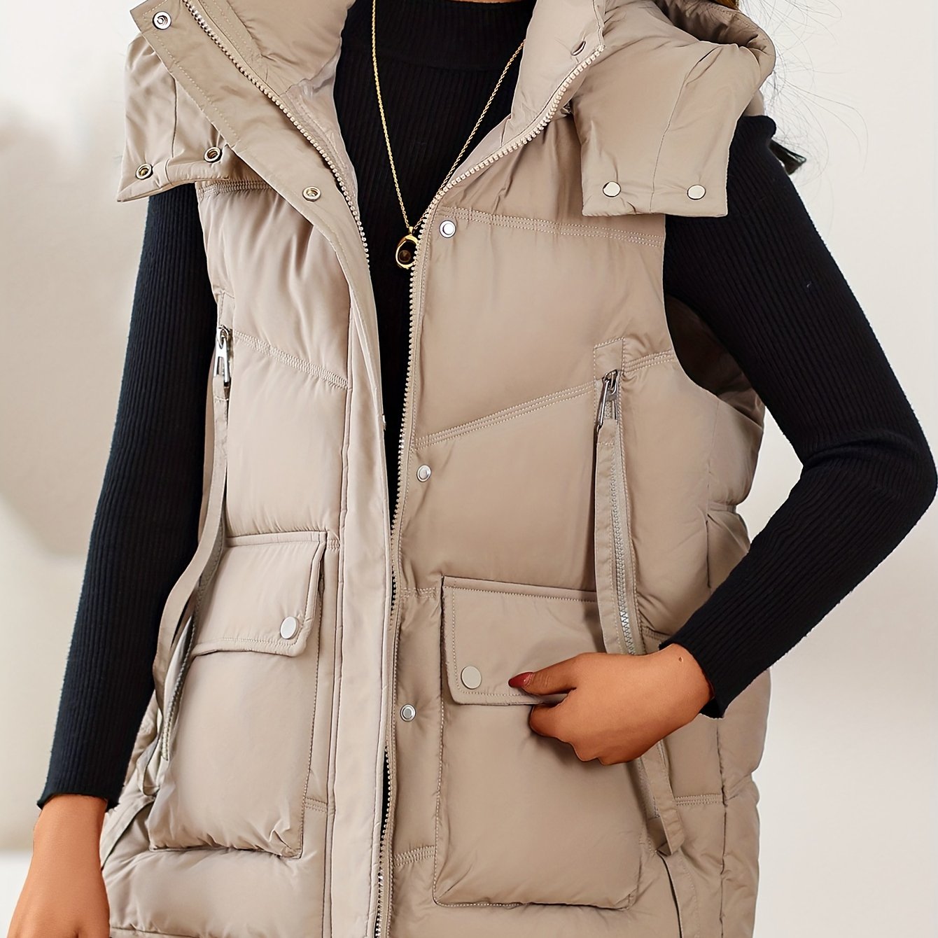 Solid color padded vest jacket for fall & winter, plus size women's clothing with stand-up collar.