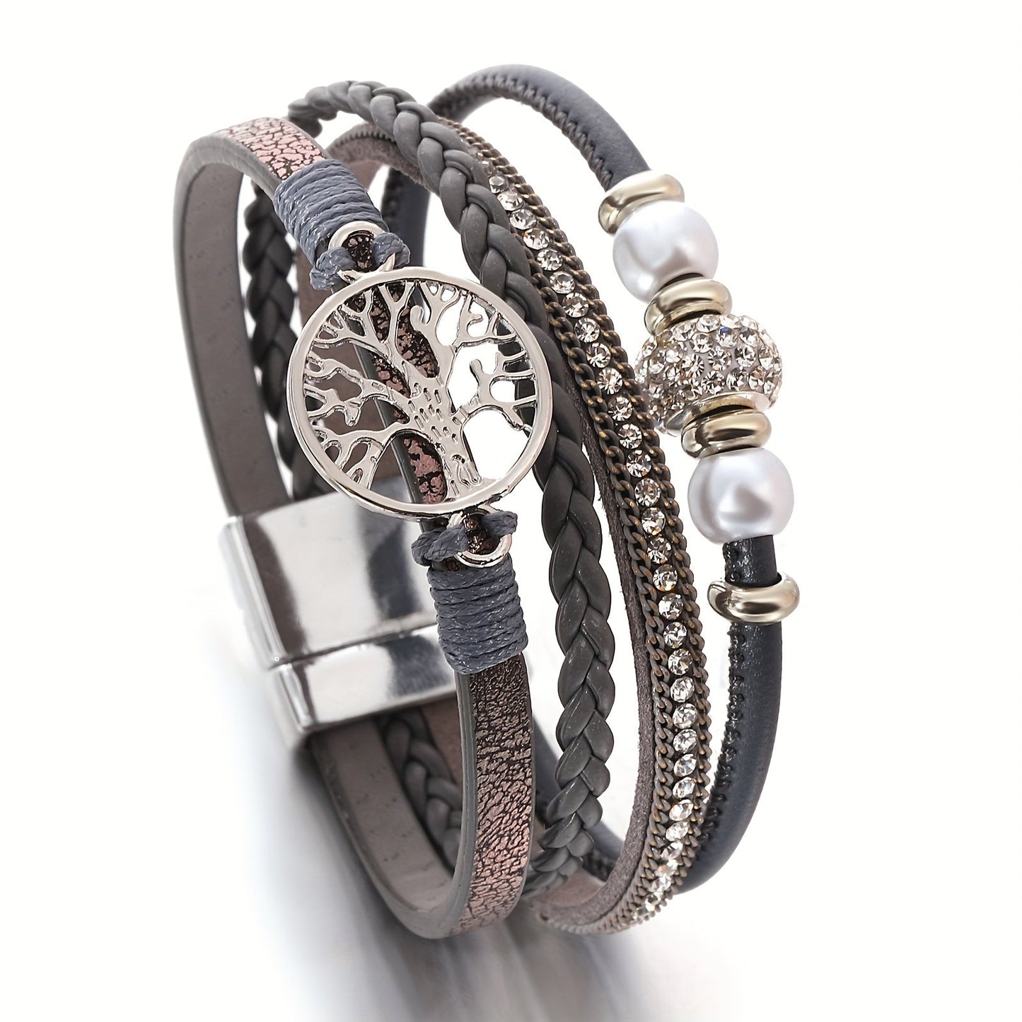 Chic Multi-Layer Faux Leather Wristband with Tree of Life Charm and Sparkling Rhinestones, Perfect for Everyday Wear or as a Thoughtful Birthday/Friendship Gift - Set of One