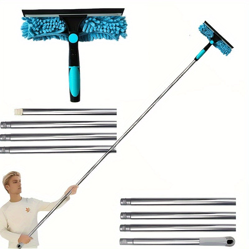 Chenille Microfiber Duster with Telescopic Glass Cleaning Pole - 2-in-1 Design, Adjustable Angle, Extends up to 5m, Suitable for Indoor and Outdoor Use, No Power Required, Perfect for Cleaning Glass, Stainless Steel and Resin Construction - Ideal for