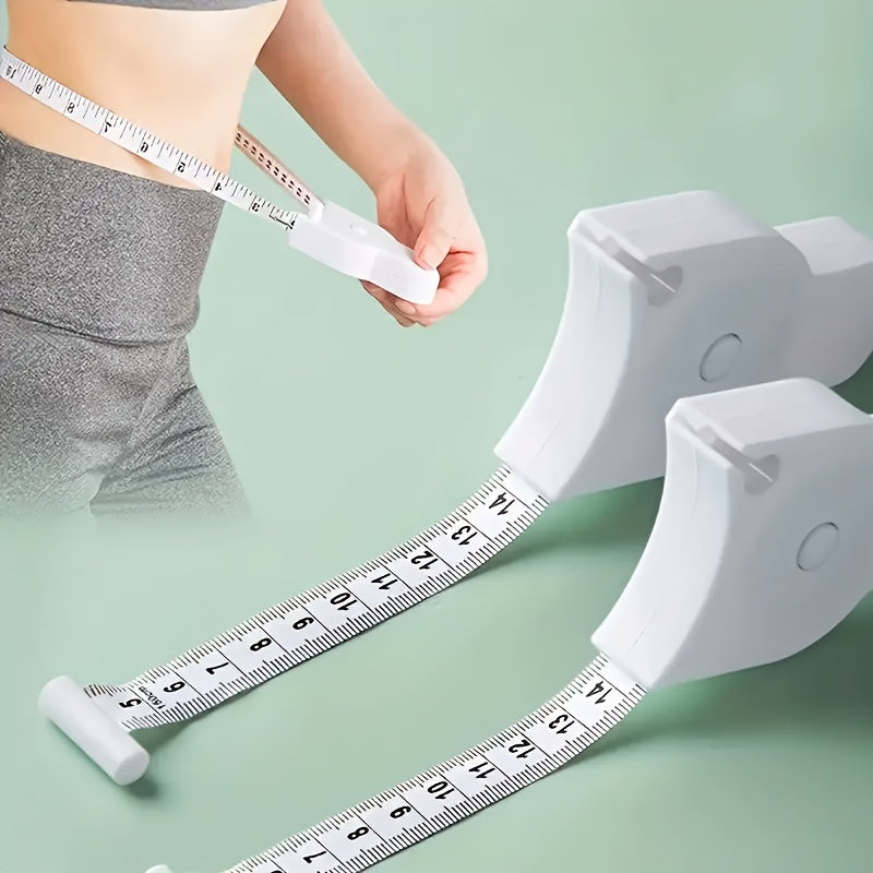 Self-tightening body measuring tape for home use, measures waist, fitness circumference, hip, arm, head circumference. White with PVC blade and lever lock.