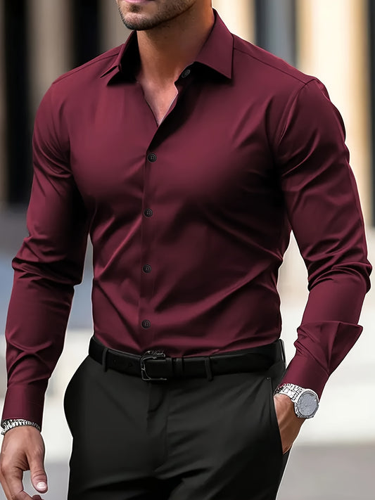 Men's sleek green long-sleeve dress shirt in polyester, semi-sheer material with lapel collar, ideal for business and formal occasions. Easy care, hand wash or dry clean. Versatile and