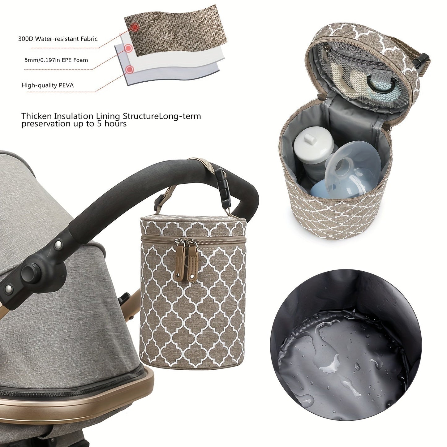 Stylish portable breast pump bag with insulated round bucket design for keeping meals fresh on-the-go, can be hung on stroller.