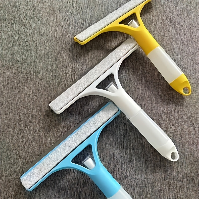 Multi-functional cleaning tool with spray bottle and double-sided glass scraper for various surfaces.