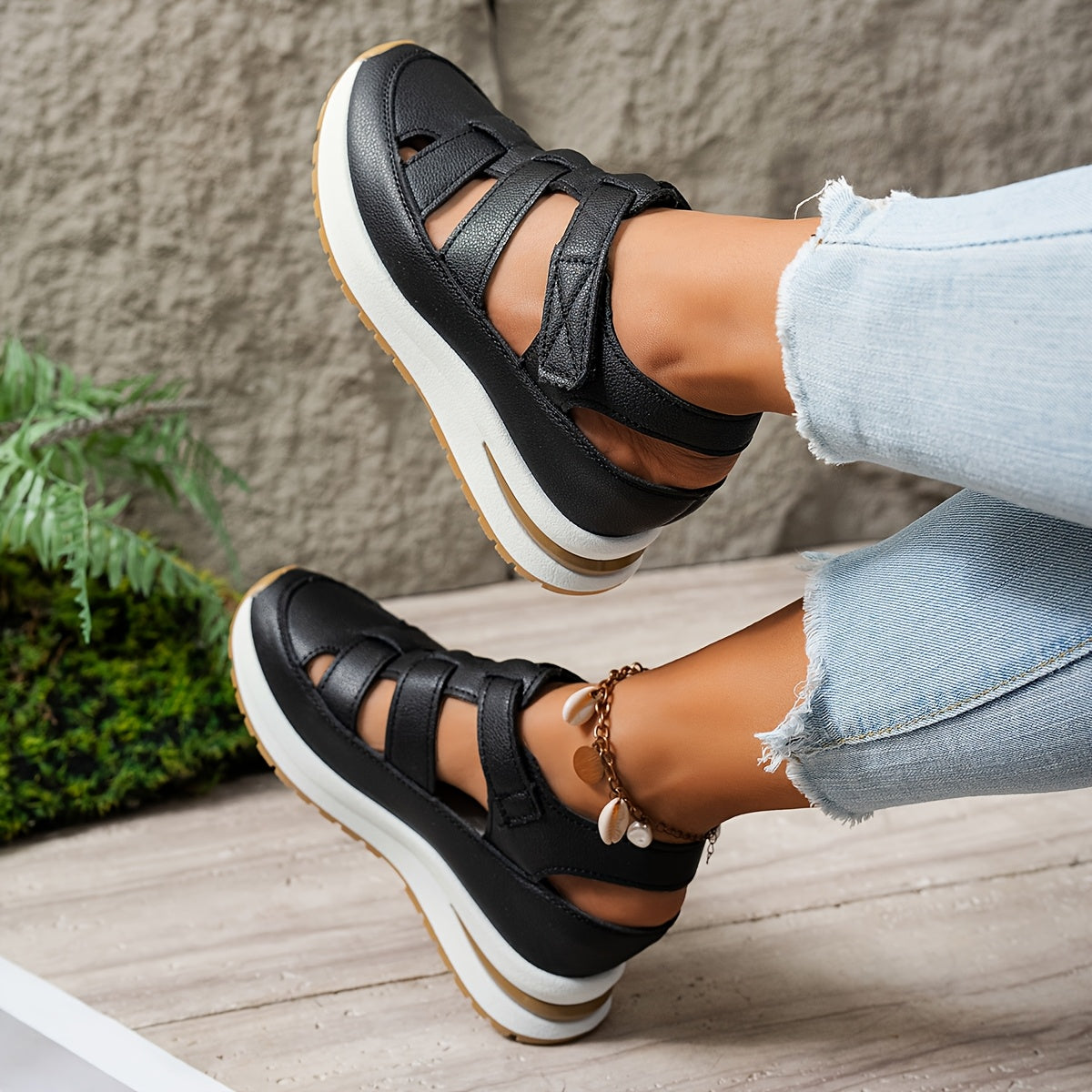 Women's platform sandals with invisible height increase, magic tape closure, faux leather upper, and non-slip rubber sole.