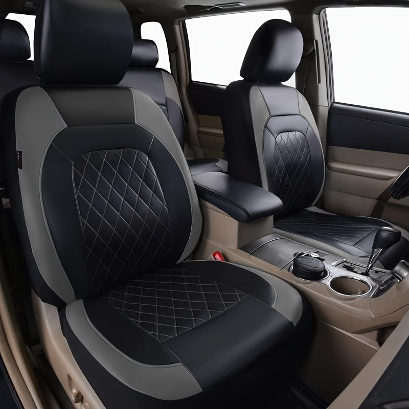 Universal 5-seater car seat cover with PU Leather diamond pattern, including full set of breathable synthetic PU Leather covers. Features airbag compatibility, zipper design, and fits all