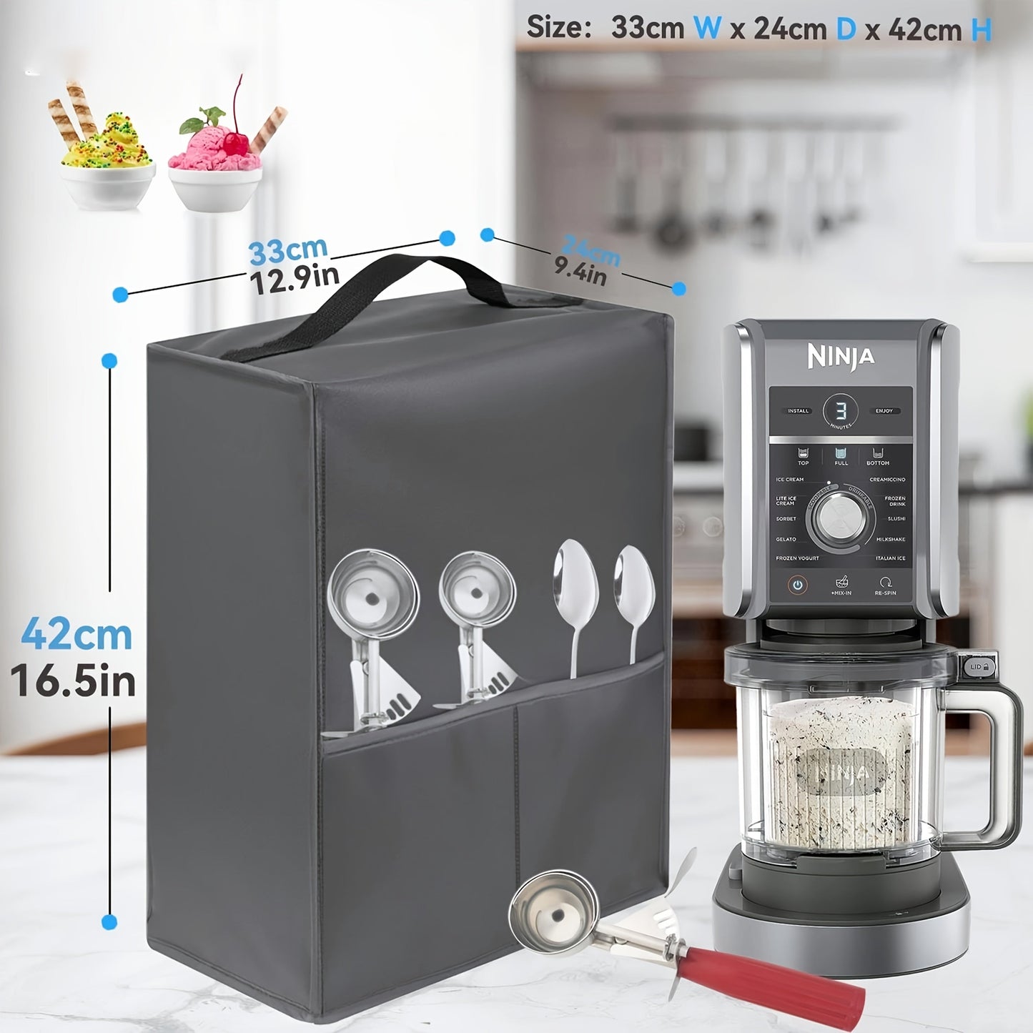 Protect your Ninja NC301 & NC299 ice cream maker with this durable, waterproof cover made from easy-to-clean Oxford fabric. Featuring a side pocket for accessories, this black and grey cover is perfect for keeping your frozen desserts machine dust-free.