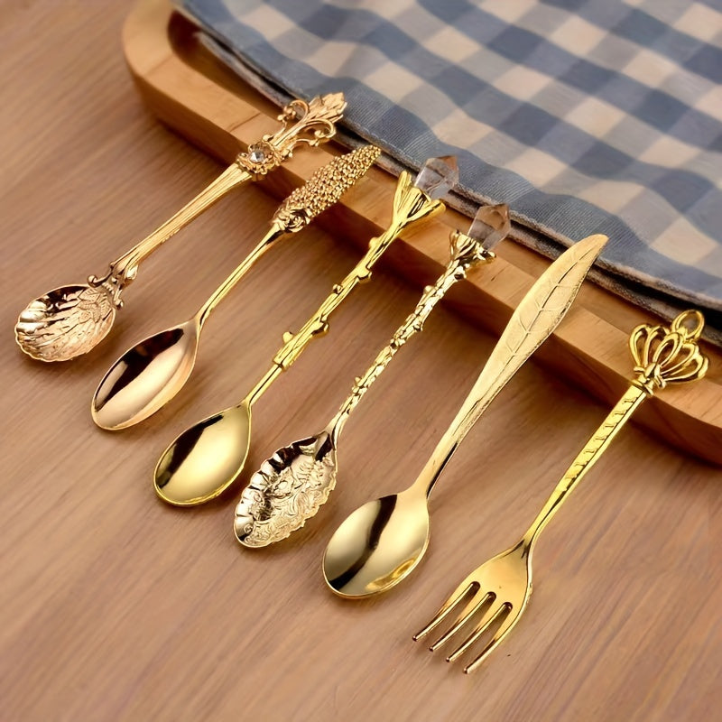 Set of 6 European golden vintage spoons for desserts and coffee, with carved fruit designs, ideal for kitchen, dining, and bar use.