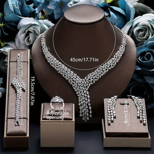 Elegant 4-Piece Arabic Style Platinum-Plated Zirconia Bridal Jewelry Set Including a Necklace, Earrings, Bracelet, and Ring, Perfect for Weddings, Vacations, or Ramadan Celebrations.