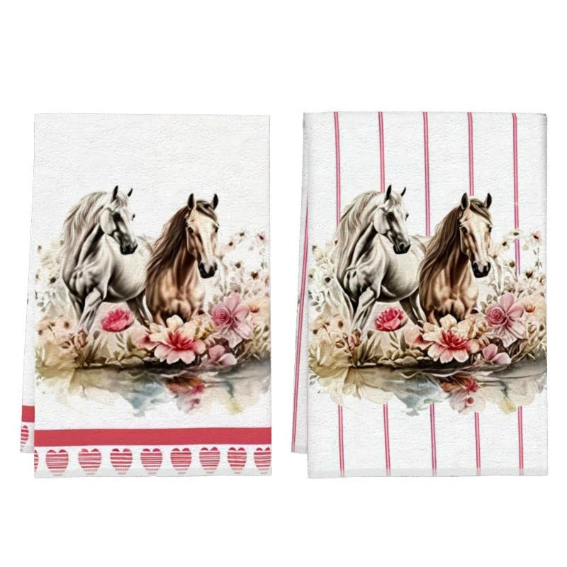 Get your hands on this delightful set of two kitchen towels featuring flowers, stripes, and two horses. Measuring at 45.72*66.04cm, these towels are perfect for decorating your kitchen, giving as a gift, using in the bathroom, or adding to your home