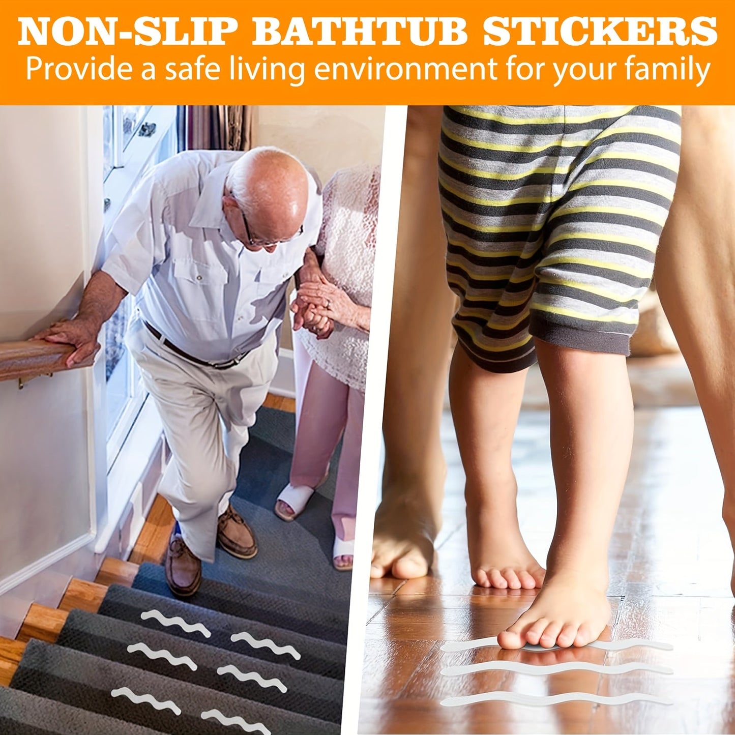 Enhance safety in your bathroom with 24 pieces of EVA Non-Slip Bathtub Stickers featuring a wavy line design. This anti-skid tape provides a durable adhesive grip to prevent slips in the shower and on stairs. Each set includes a scraper for easy