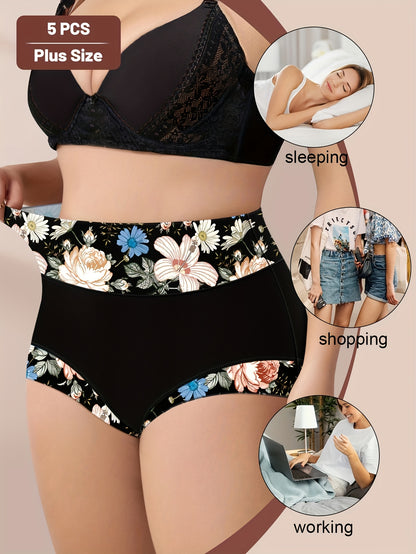 5 high-waist floral print panties for women with tummy control and butt lifting, made of comfortable polyester blend. Soft and breathable, suitable for plus size.