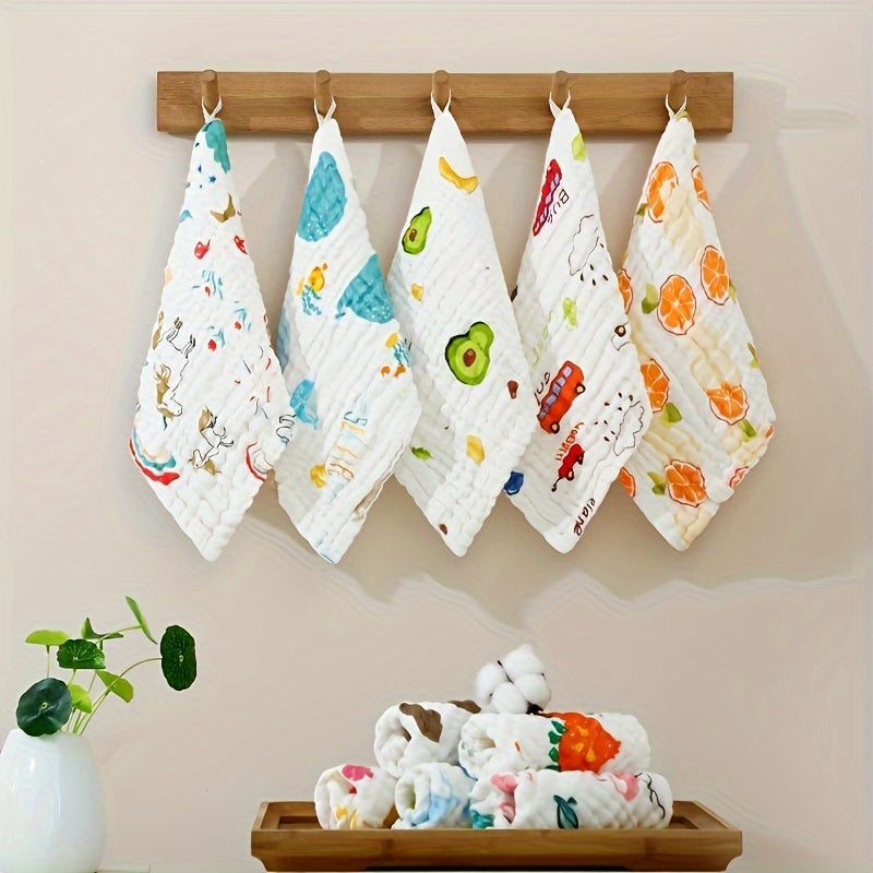 10-Pack of 25x25cm Cotton Baby Burp Cloths with Quick Absorbent Multilayer Printed Muslin Towels in Random Patterns, White Color, Ideal for Home and Travel Use. Can be Used as Infant Bath Towels and are Washable.