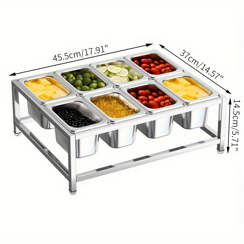 Set of stainless steel spice racks with 8 compartments, designed for organizing spices in both kitchens and restaurants. Includes seasoning containers.