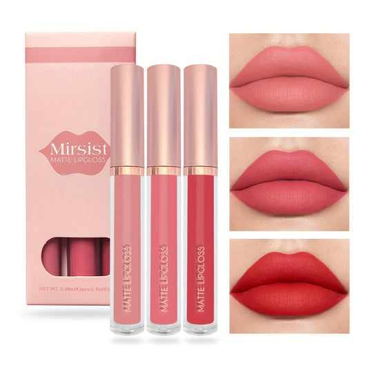 3 pcs matte lip gloss lipstick set, Mirsist Lip Gloss, Long Lasting Tinted Lip Stain, waterproof.