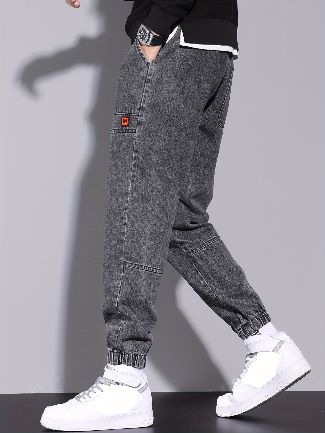 Men's harem jeans with elastic drawstring waist, perfect for all seasons.